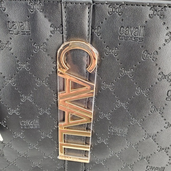 Cavalli Class Sandra Shopper Tote Bag Black Debossed Designer Handbag - Picture 10 of 10